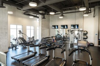 A modern gym with various workout machines, free weights, and large windows providing natural light. TVs are visible on the wall.