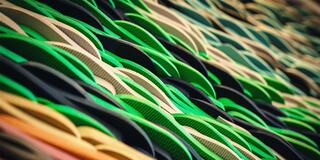 An array of layered, curved shapes in vibrant greens, browns, and hints of orange creates a rhythmic and textured visual pattern.