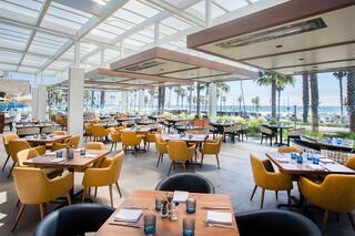 Stylish restaurant with modern decor, featuring large windows, palm trees, and a beachfront view, creating a vibrant and inviting atmosphere.