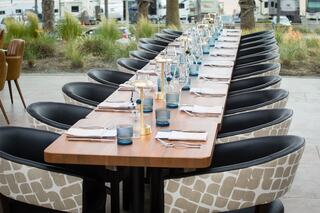 A long dining table set with plates, cutlery, and glassware, surrounded by stylish chairs, amidst a landscaped outdoor setting.